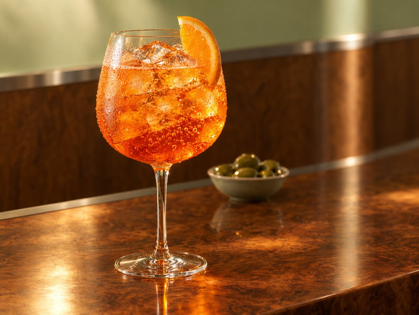 Un calice di spritz con ghiaccio e una fetta d'arancia sul bancone di legno, con una ciotolina di olive