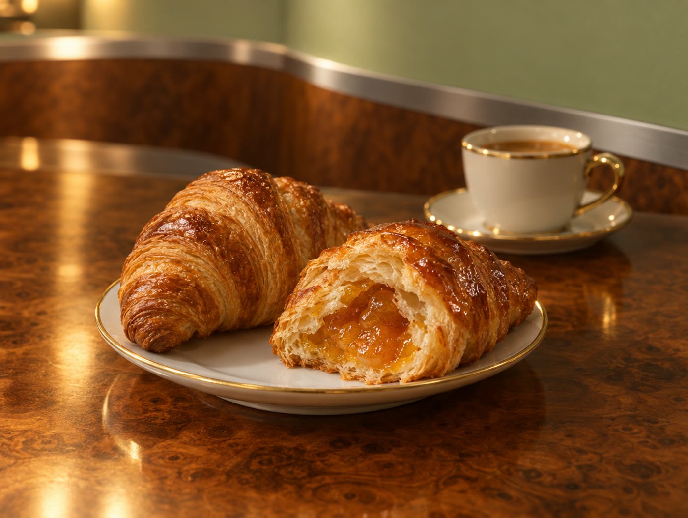 Due croissant appena sfornati su un piattino di porcellana col filo d'oro, sul bancone di legno