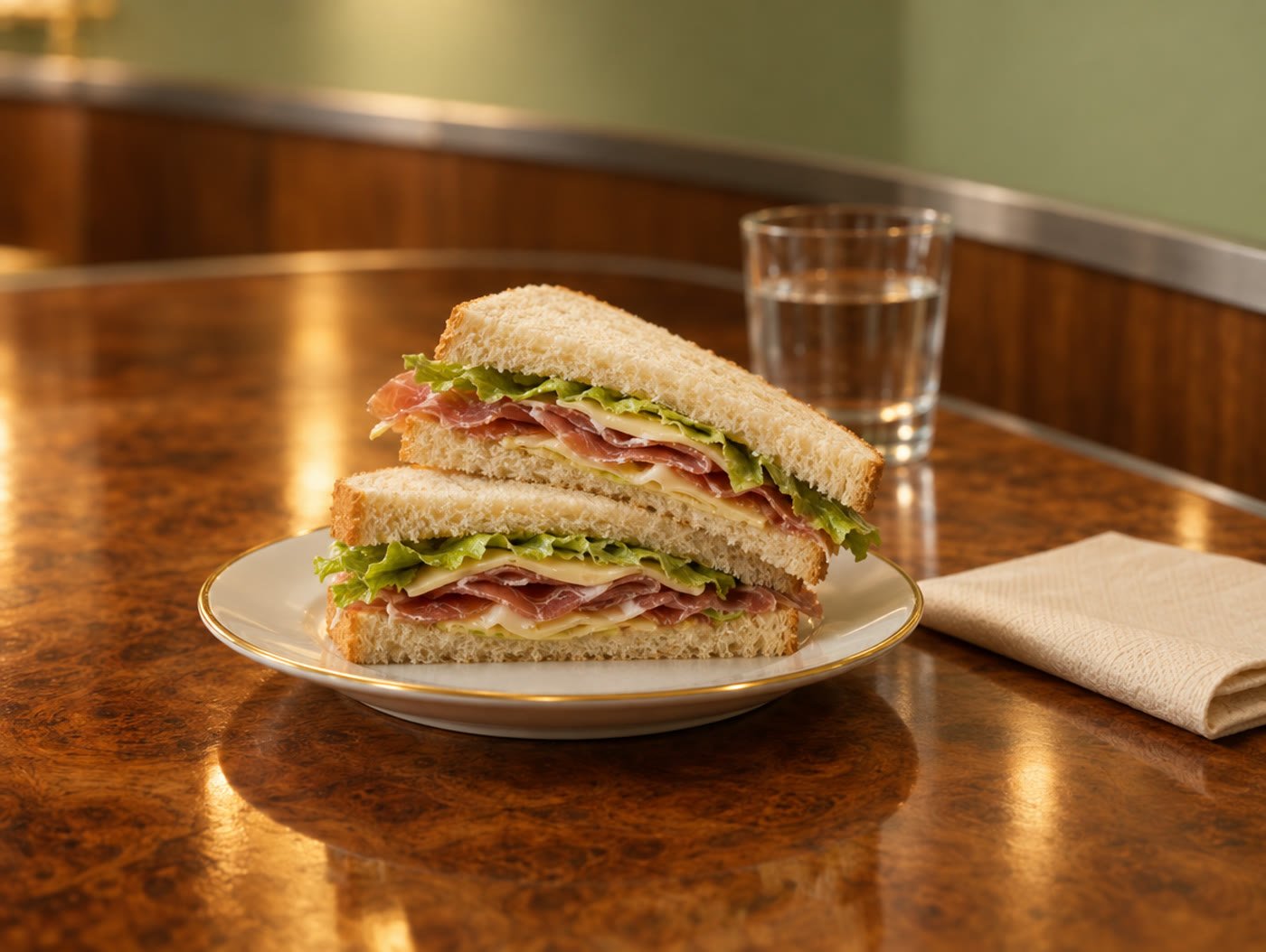 Un panino tagliato a metà su un piattino di porcellana, con un bicchiere d'acqua accanto